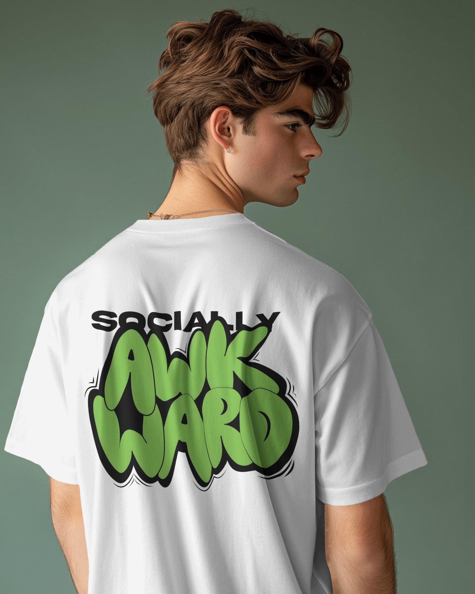 Men's White "Socially Awkward" Typographic Backprint Oversized Tshirt