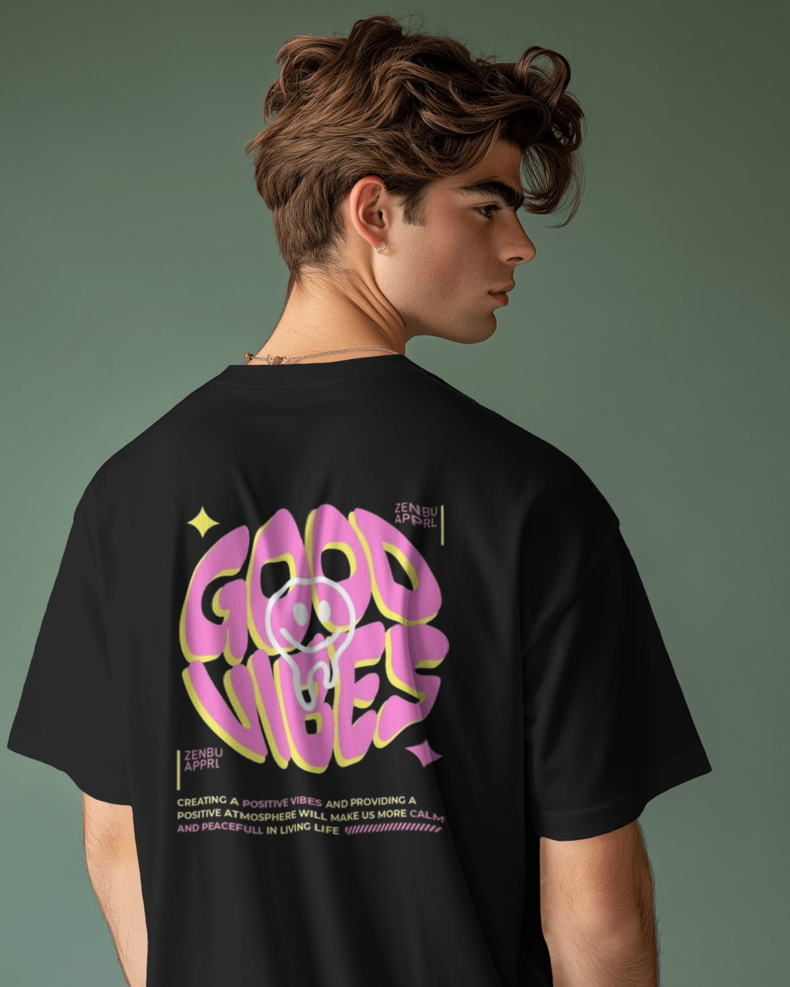 Men's Black Good Vibes Backprint Oversized Tshirt