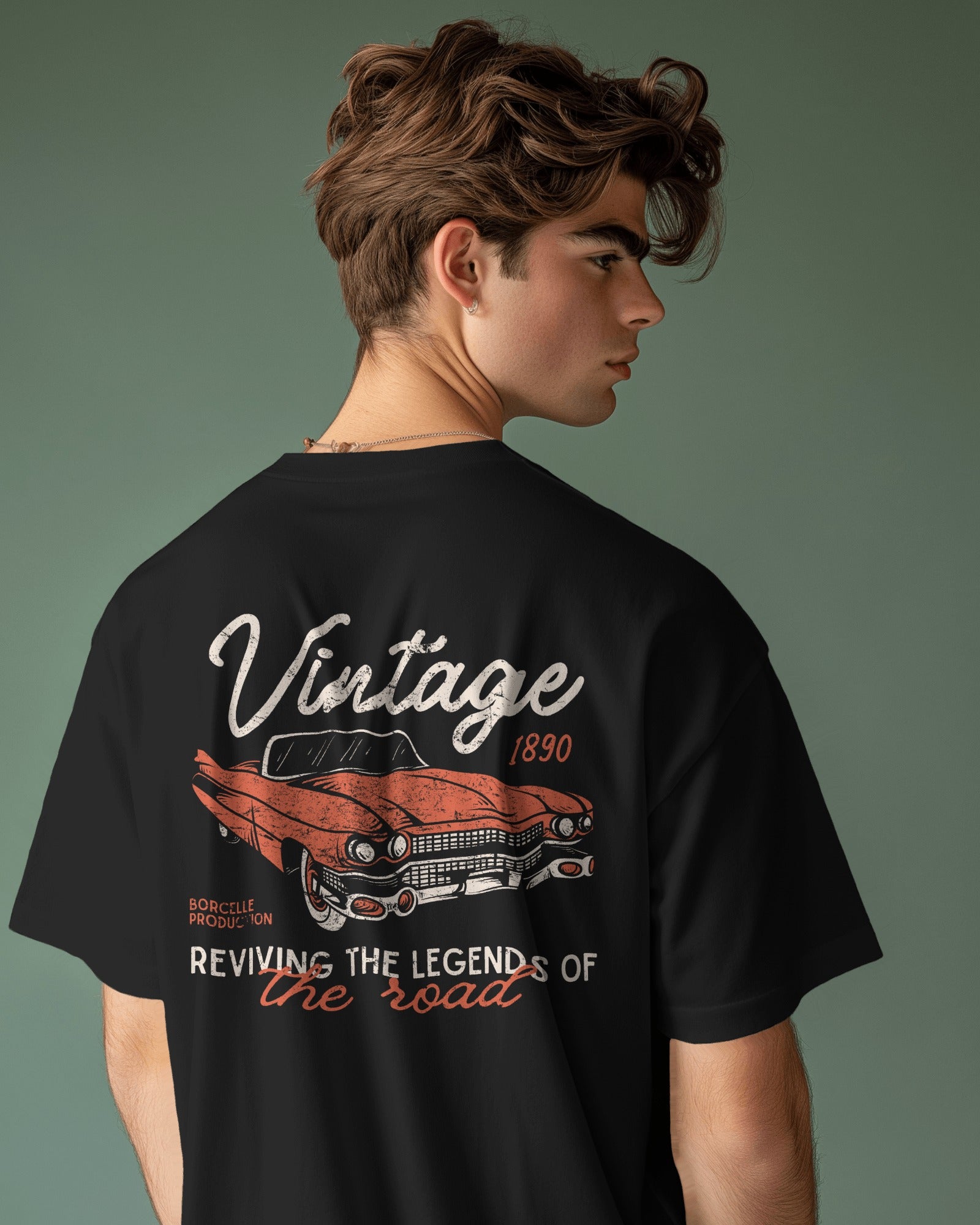 Men's Black Vintage Car Backprint Oversized Tshirt