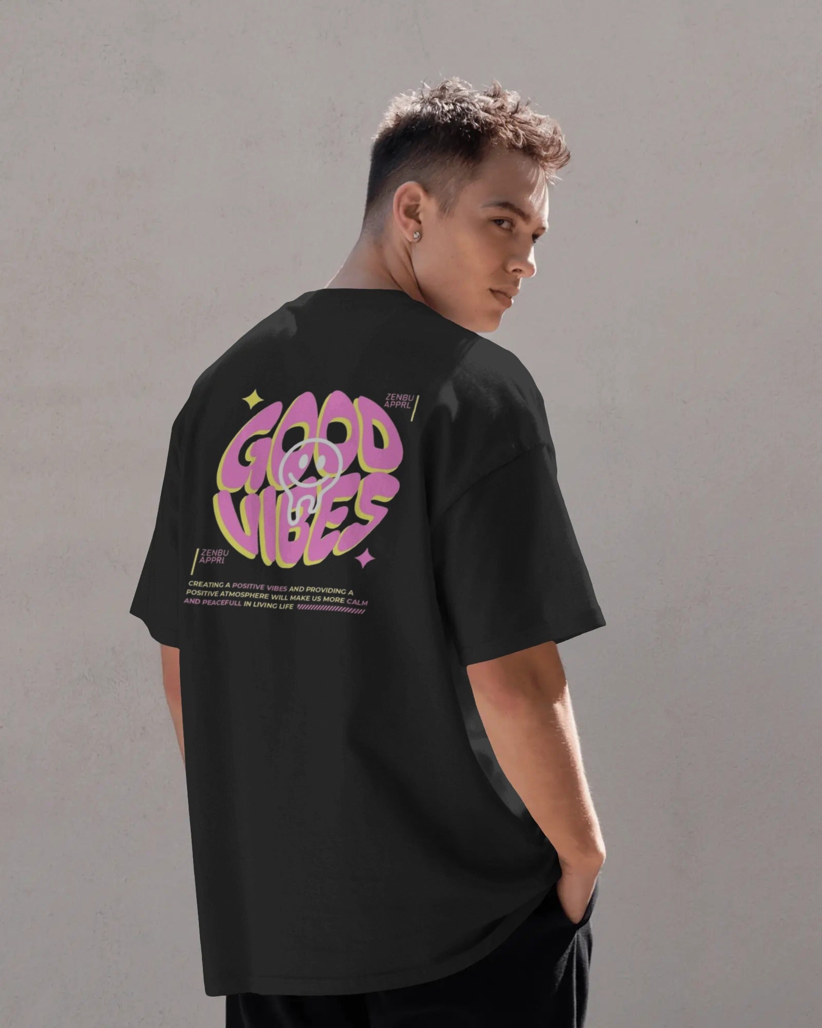 Men's Black Good Vibes Backprint Oversized Tshirt
