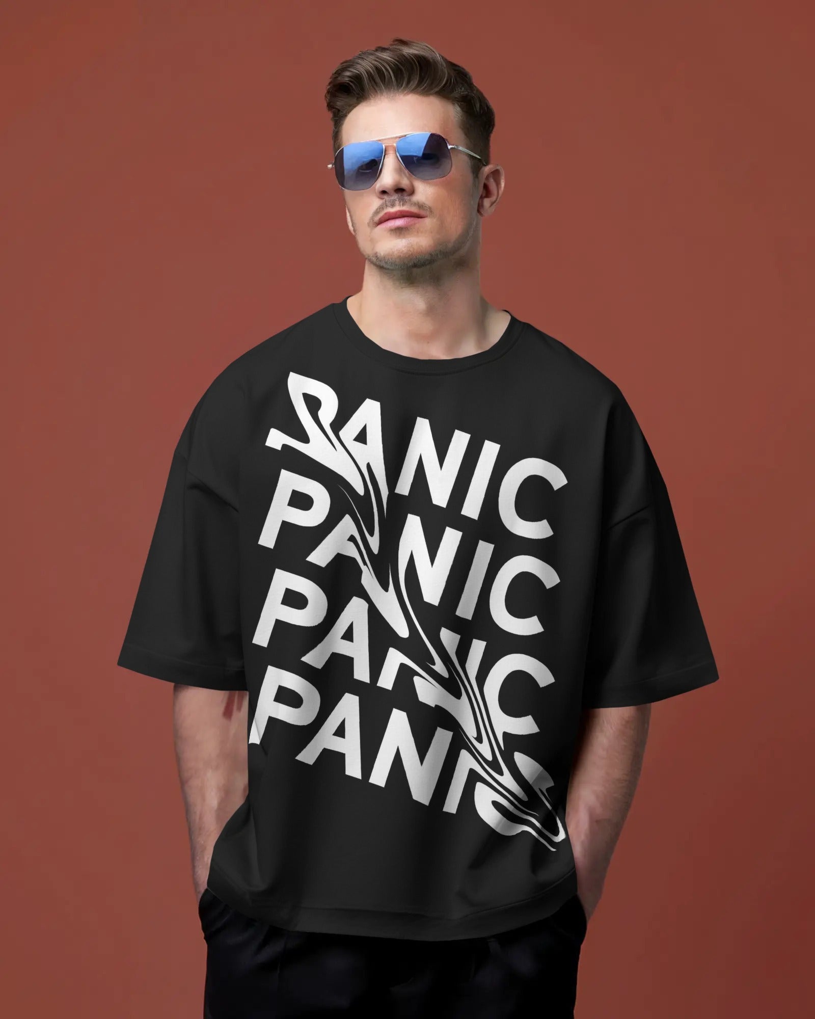 Men's Black Panic typogrpahic Oversized Tshirt