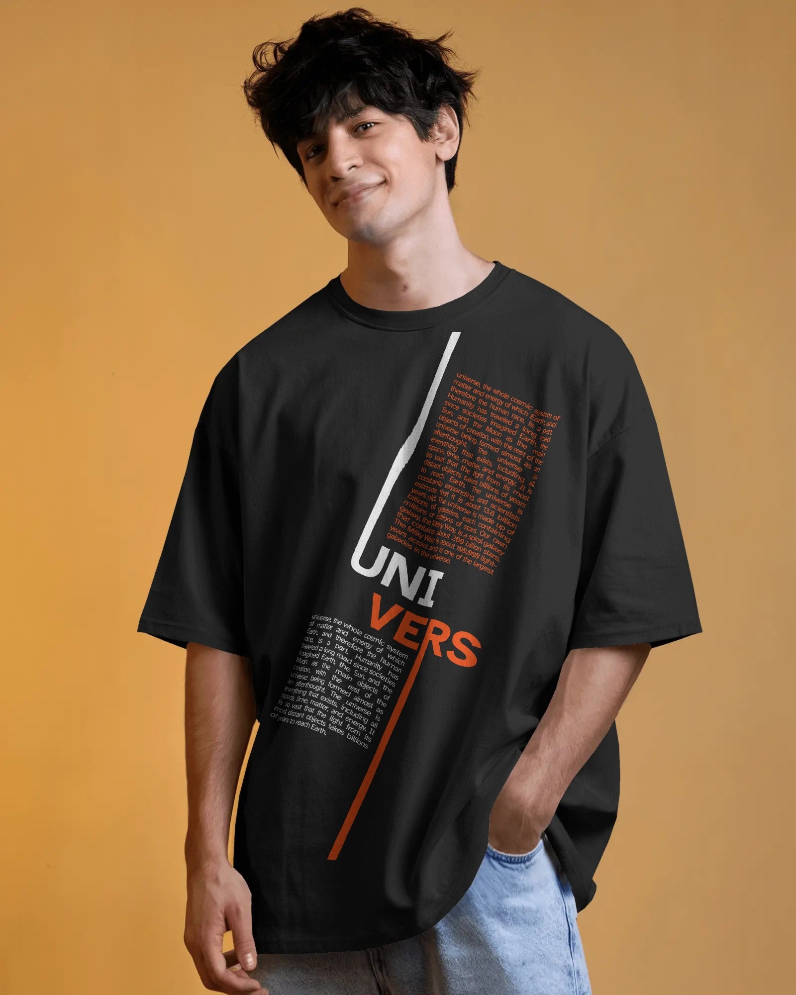 Men's Black "Universe" Typographic Oversized T-shirt