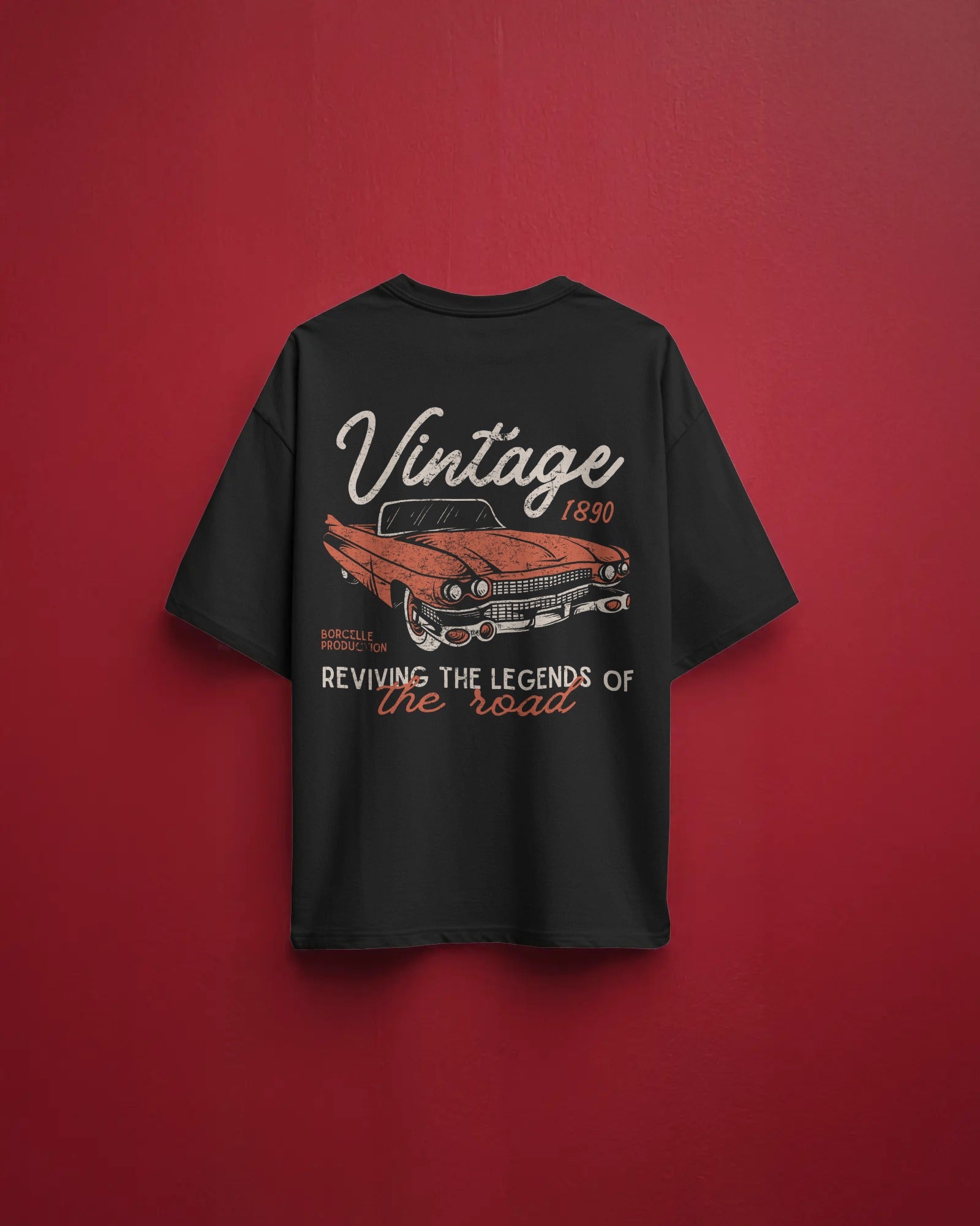 Men's Black Vintage Car Backprint Oversized Tshirt